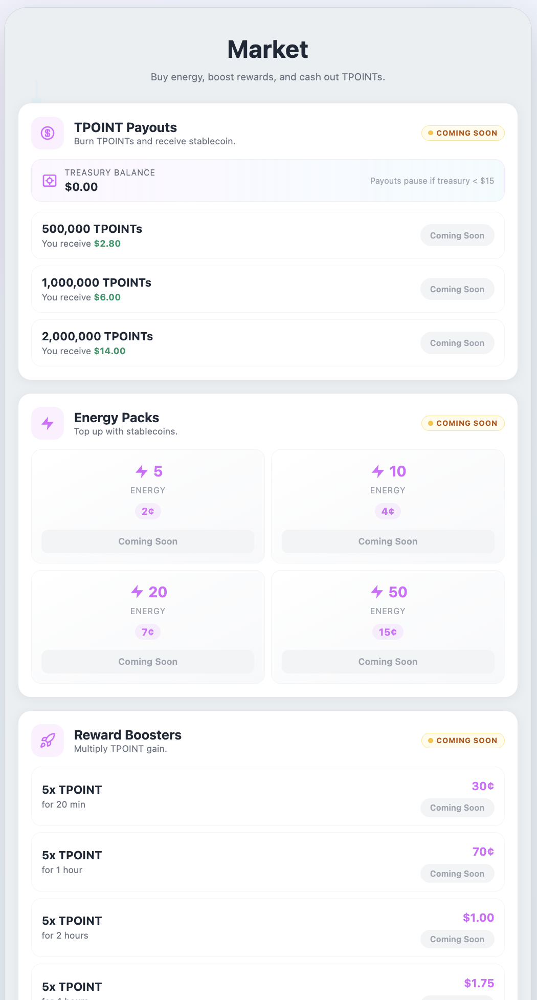 TradCast market — energy packs and TPOINT payouts