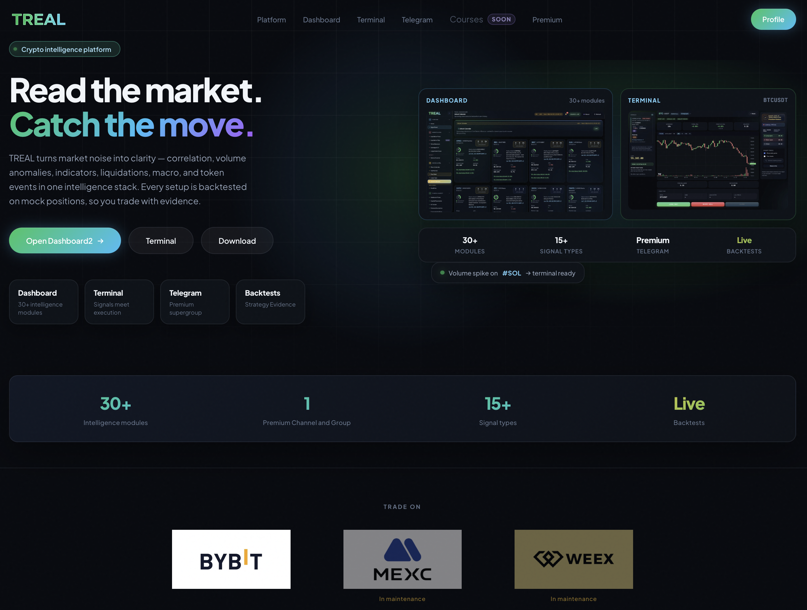 Treal — crypto intelligence platform homepage